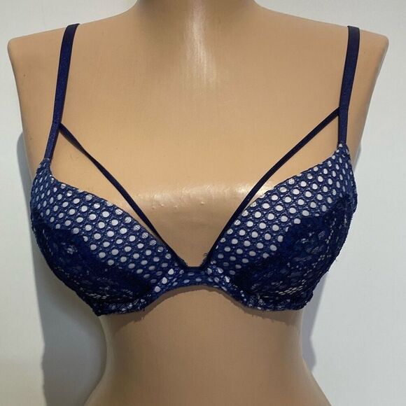 Victoria's Secret Women's Blue White Very Sexy Lace Strappy Push Up Bra Size 32B - Picture 1 of 9